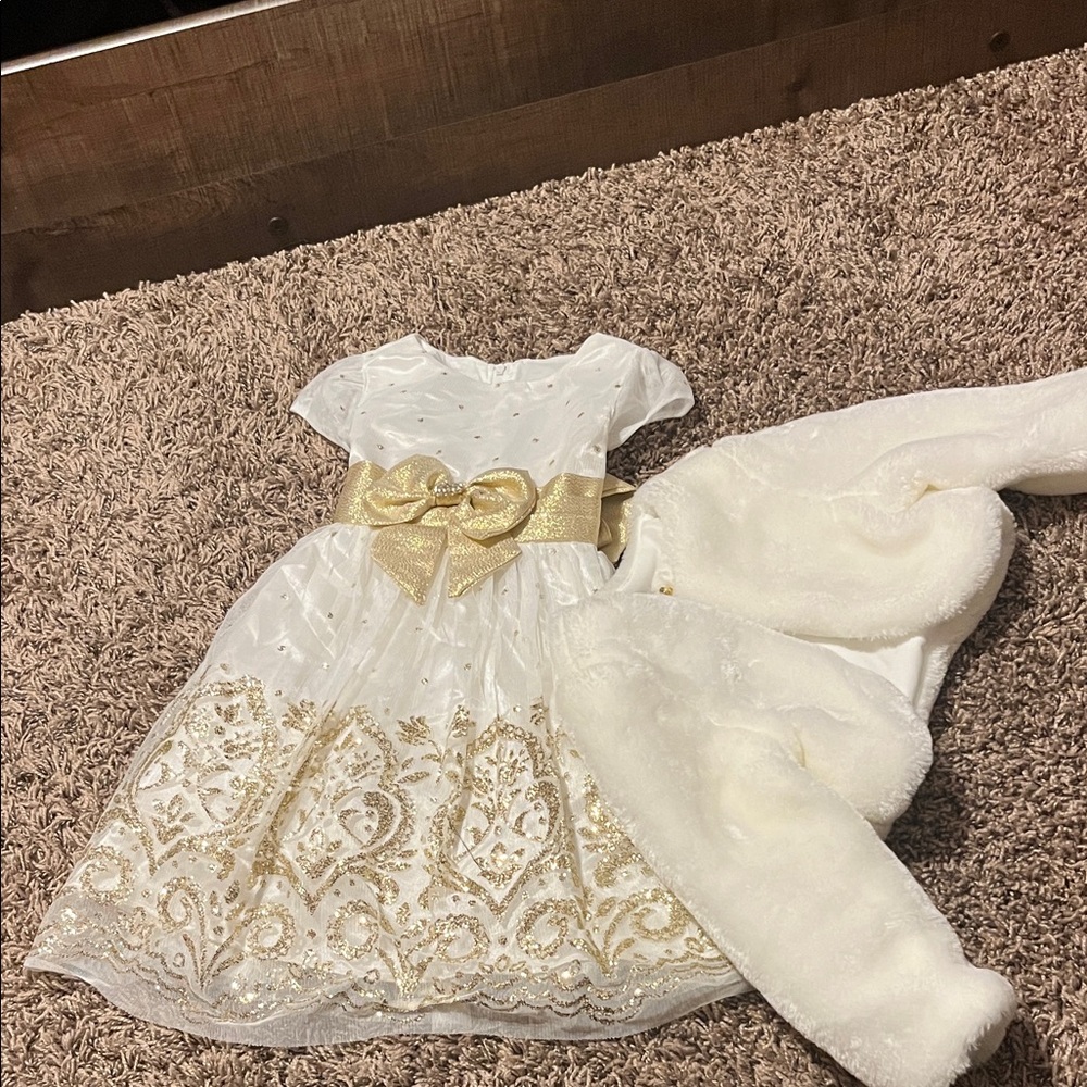 Rare Editions - White and Gold Dress with Faux Fur Jacket - 3T
